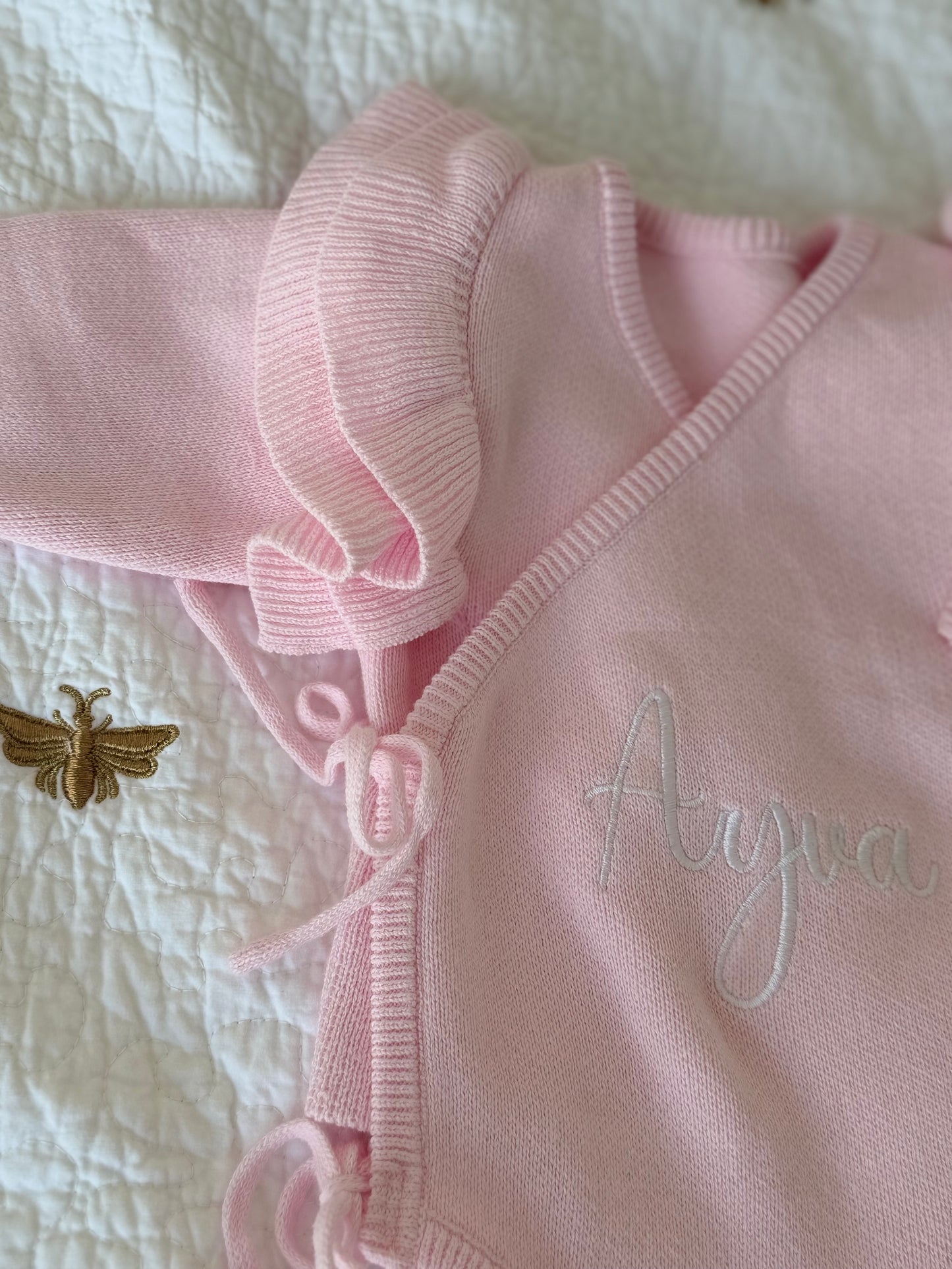 Personalised Knit Newborn Romper – Embroidered Baby Name Outfit