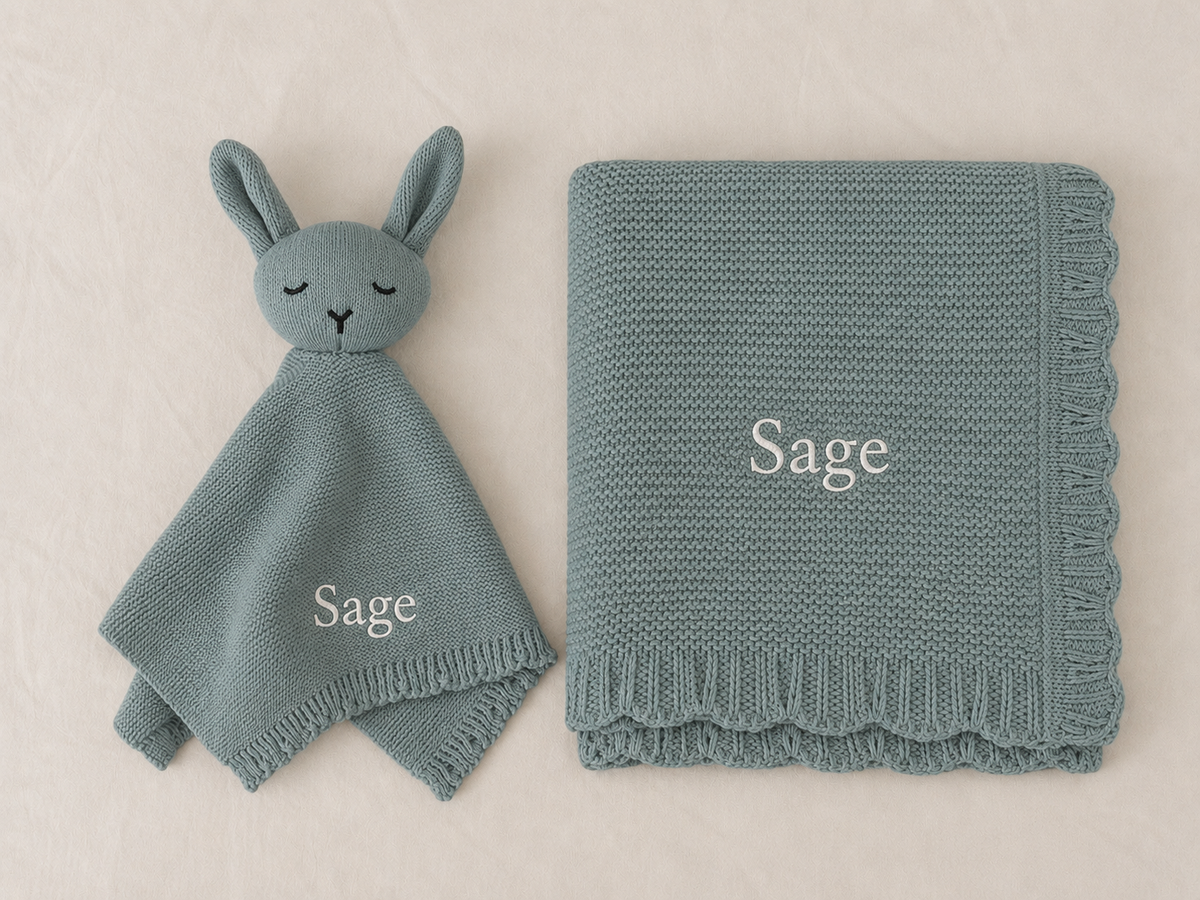 Personalised Organic Cotton Bunny Comforter & Scalloped Blanket Gift Set-Sage