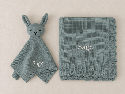 Personalised Organic Cotton Bunny Comforter & Scalloped Blanket Gift Set-Sage