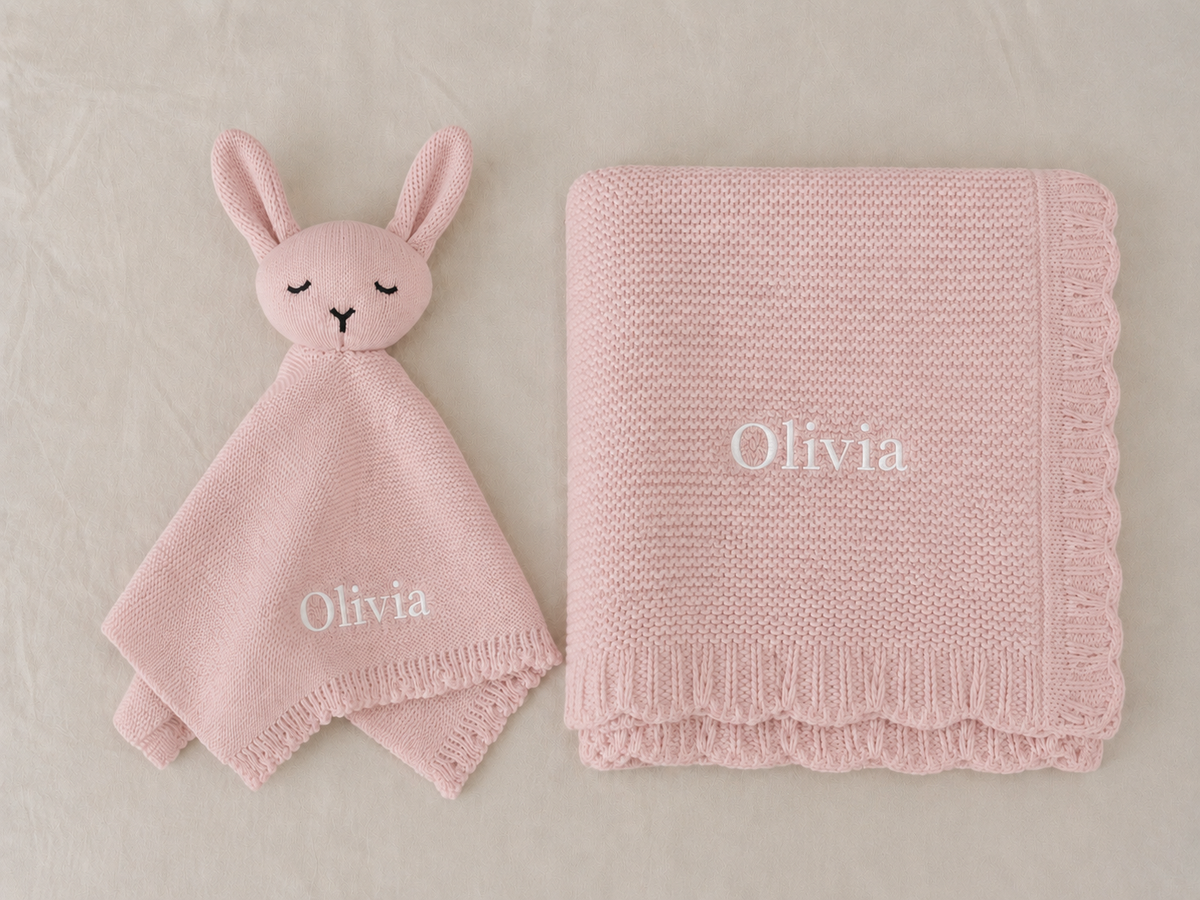 Personalised Organic Cotton Bunny Comforter & Scalloped Blanket Gift Set-Pink