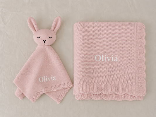 Personalised Organic Cotton Bunny Comforter & Scalloped Blanket Gift Set-Pink