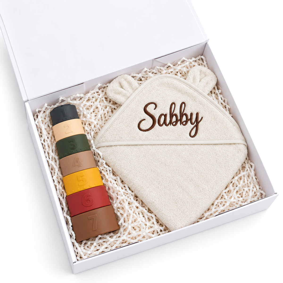 Personalised Baby Gift Box – Hooded Towel & Stacking Cups