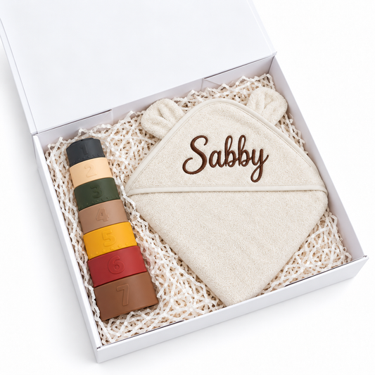 Personalised Baby Gift Box – Hooded Towel & Stacking Cups