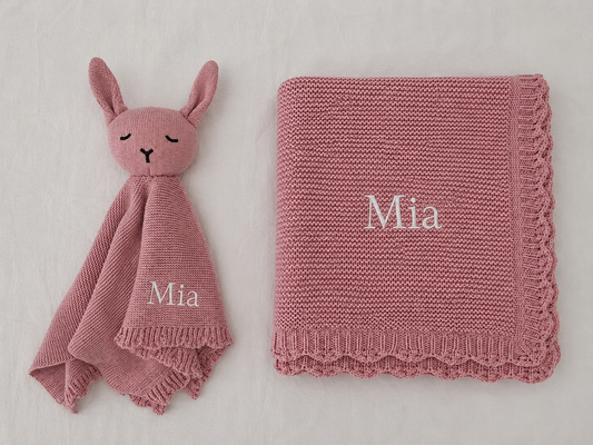 Personalised Organic Cotton Bunny Comforter & Scalloped Blanket Gift Set-Dusty Pink