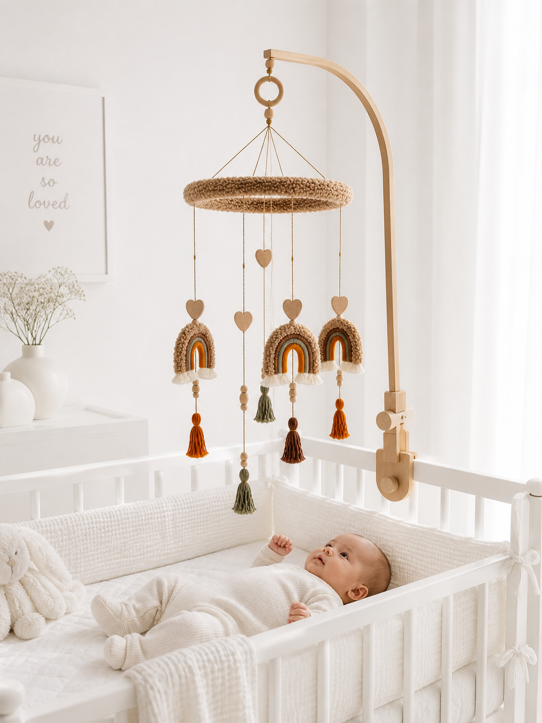 Boho Rainbow Baby Crib Mobile – Neutral Nursery Hanging Decor- Dark beige