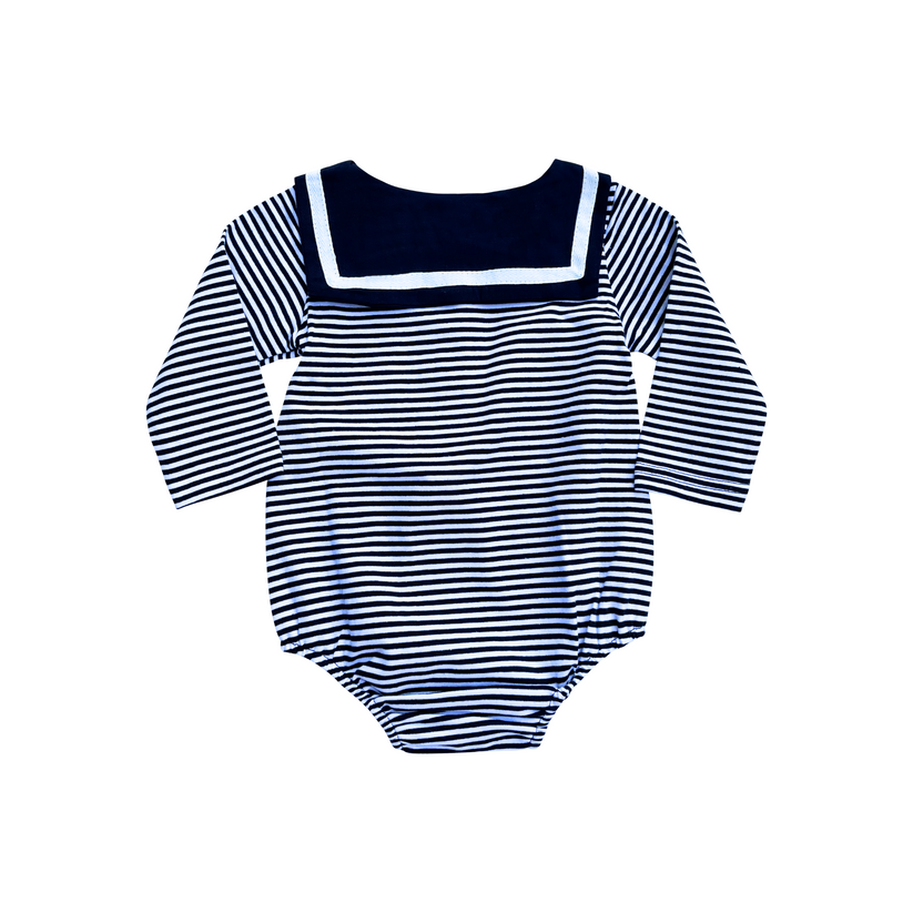 Bay Striped Long Sleeve Lapel Bodysuit-Navy