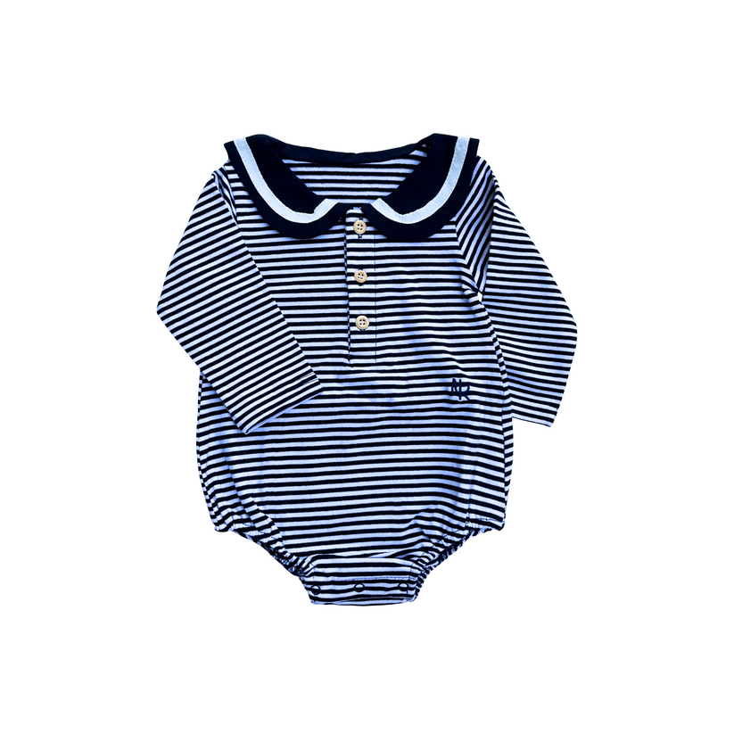 Bay Striped Long Sleeve Lapel Bodysuit-Navy