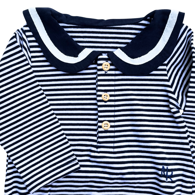 Bay Striped Long Sleeve Lapel Bodysuit-Navy