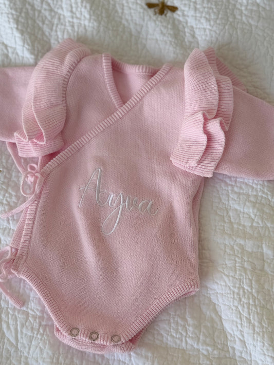 Personalised Knit Newborn Romper – Embroidered Baby Name Outfit