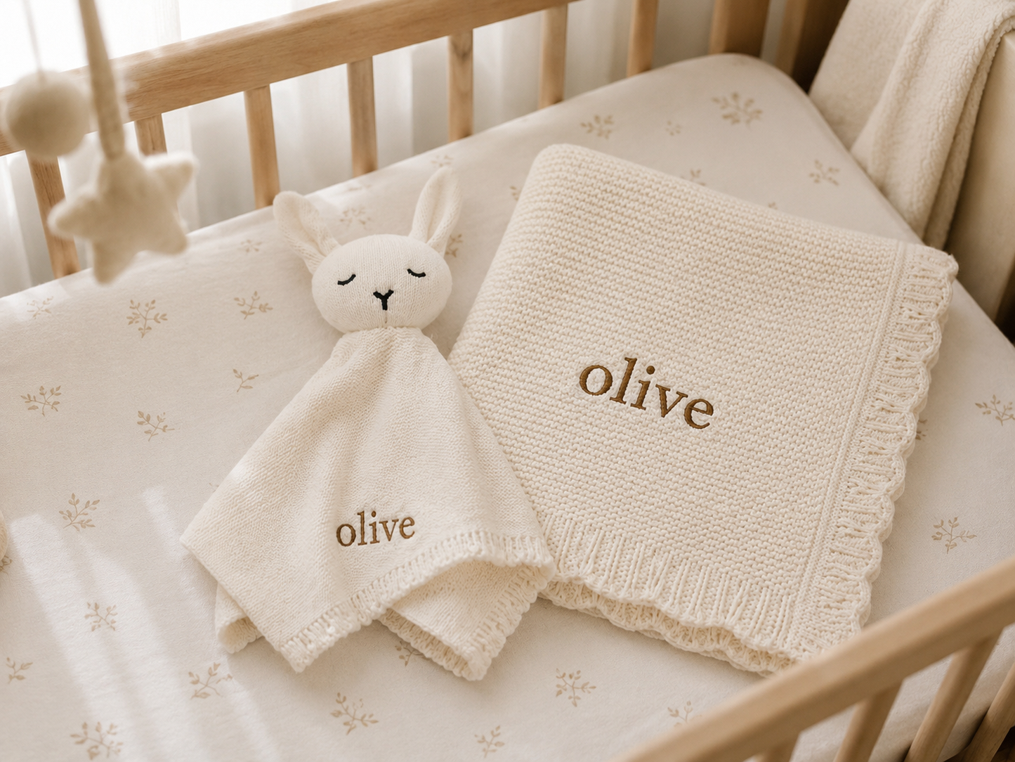 Personalised Organic Cotton Bunny Comforter & Scalloped Blanket Gift Set-Ivory