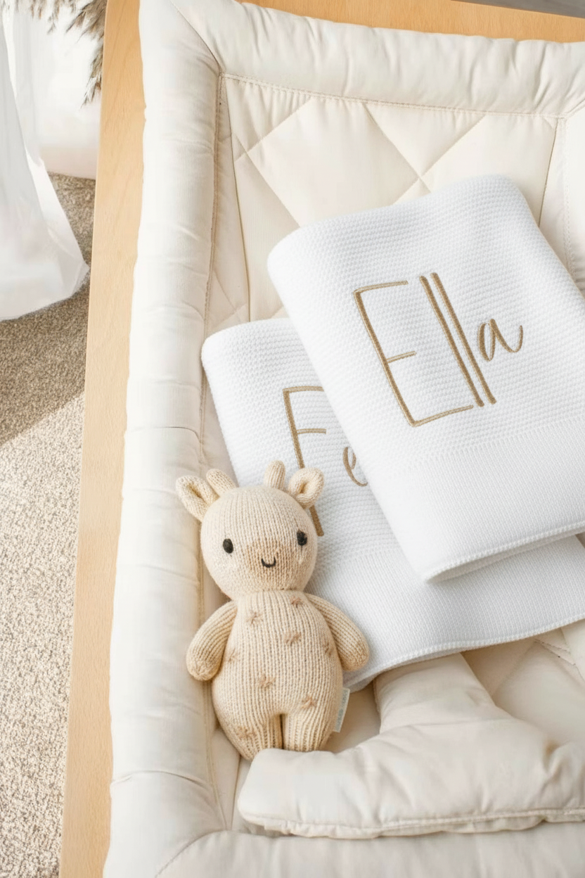 Baby book with 'Ela' on it and a soft toy on a textured surface