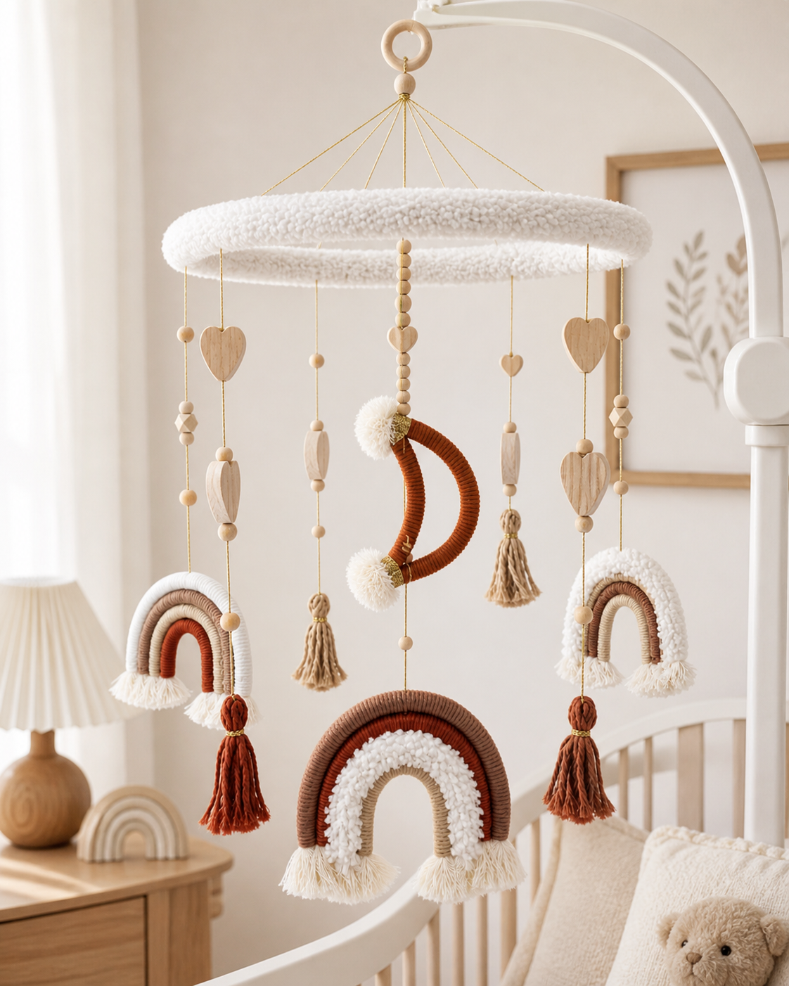     Handmade nursery mobile featuring earthy rainbow pendants, soft tassels, wooden hearts, and moon detail in a modern baby room.