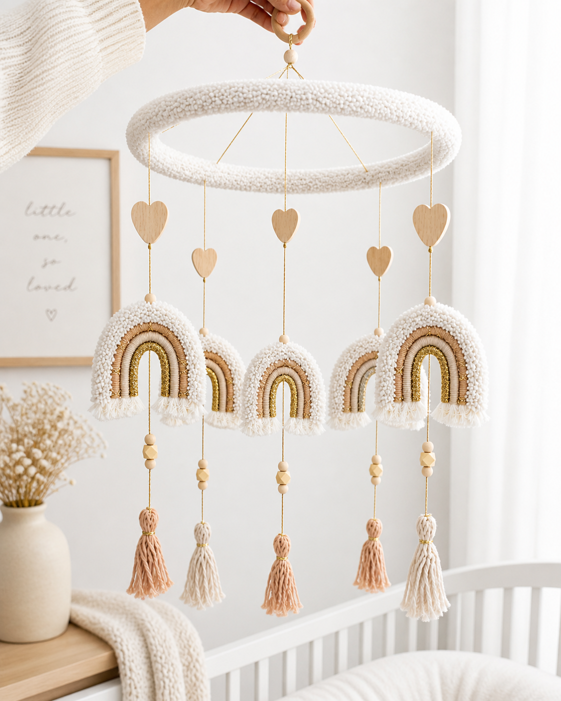     Handmade boho crib mobile featuring textured rainbow pendants, wooden bead details, and neutral tassels for modern nursery styling.
