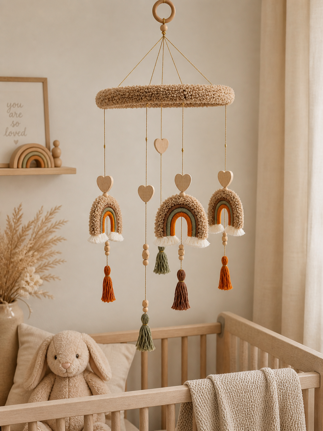     Neutral rainbow baby mobile with soft boucle texture, wooden hearts, tassels, and boho nursery design hanging on white background.