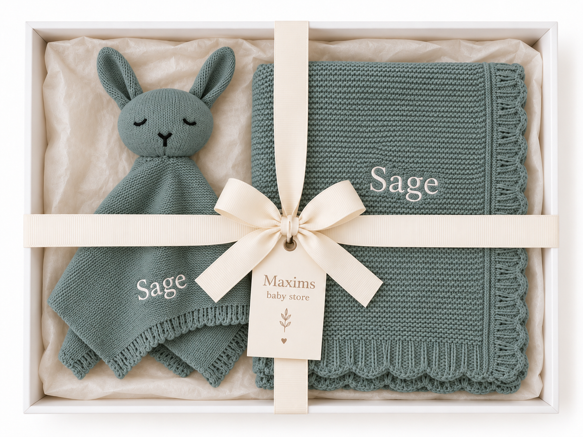 Personalised Organic Cotton Bunny Comforter & Scalloped Blanket Gift Set-Sage