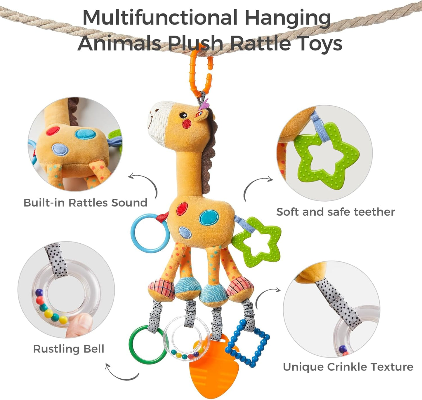 Baby Giraffe Hanging Rattle Toy for Stroller & Car Seat | Sensory Plush Teether Toy