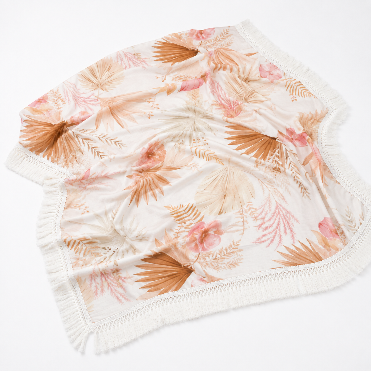 Boho Botanical Muslin Baby Blanket with Tassel Fringe | 120 × 120 cm