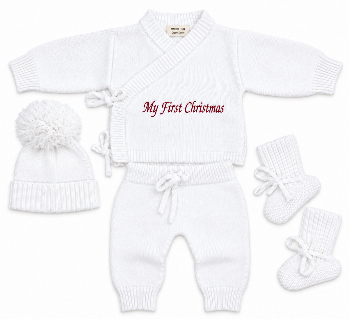 Personalised My First Christmas Knitted Baby Outfit – 4 Piece Set