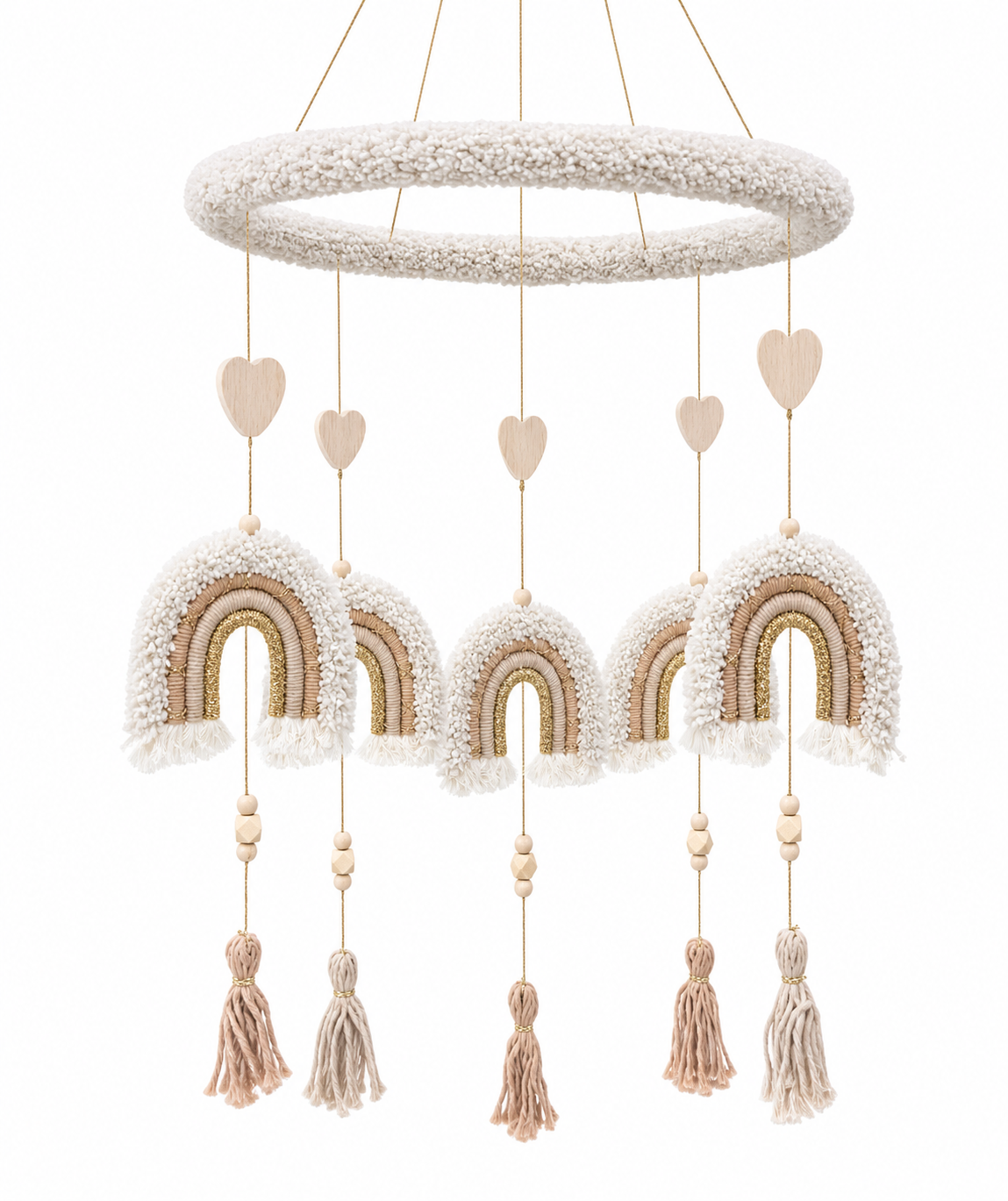     Ivory and beige rainbow nursery mobile with hanging tassels and wooden hearts designed for baby crib and calming nursery decor.