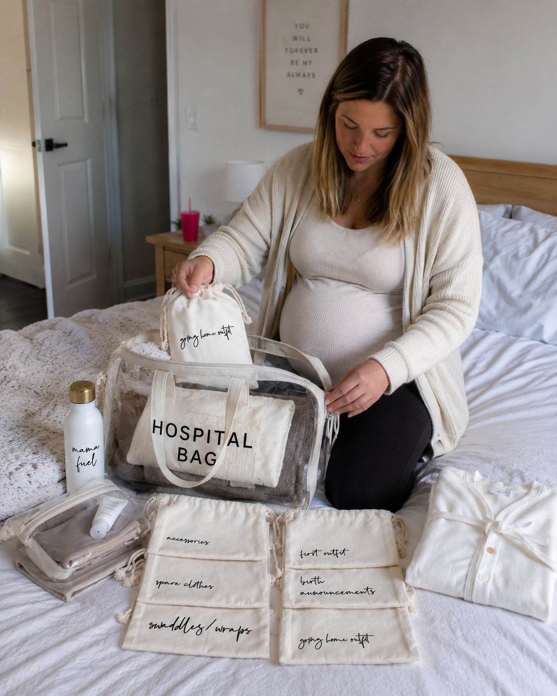 Minimalist baby essentials packing bags for maternity hospital stay