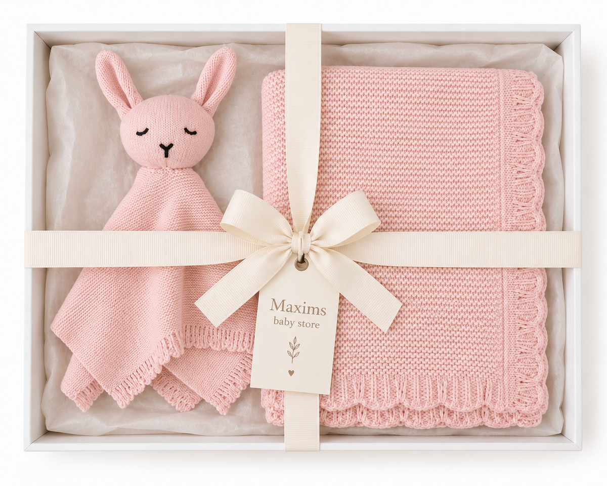 Personalised Organic Cotton Bunny Comforter & Scalloped Blanket Gift Set-Pink