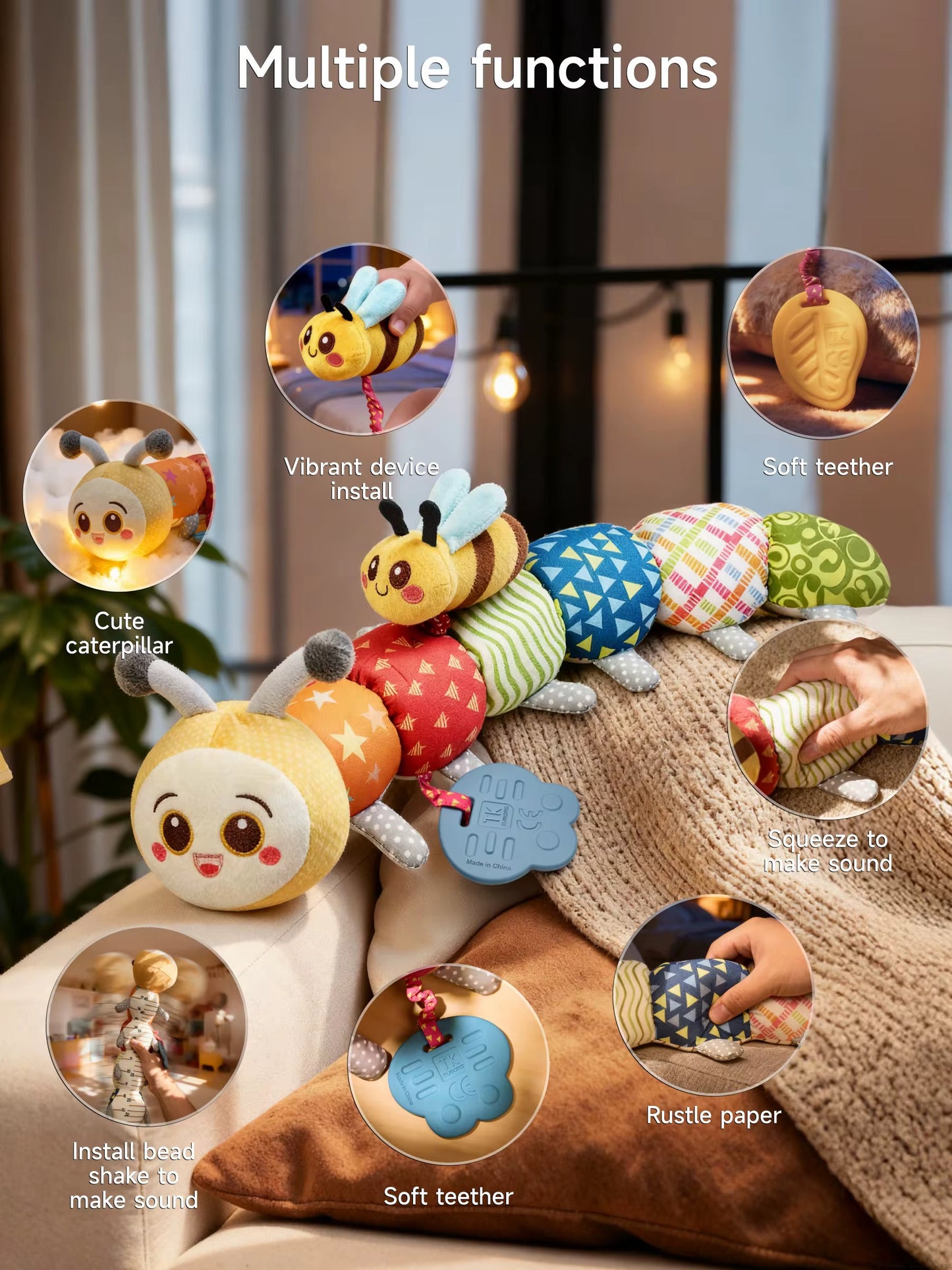 Baby Caterpillar Sensory Plush Toy with Teether & Rattle | Montessori Infant Development Toy