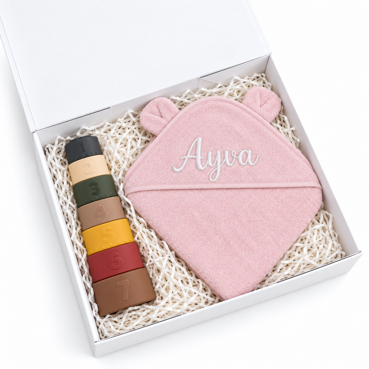 Personalised Baby Gift Box – Hooded Towel & Stacking Cups