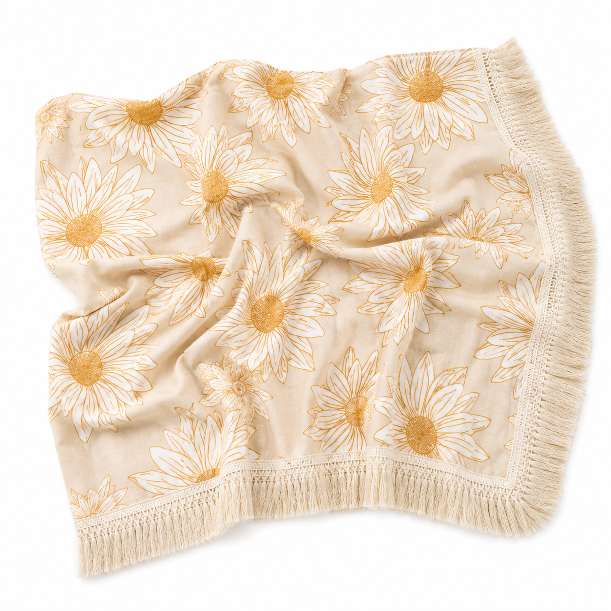 Sunflower Muslin Baby Blanket with Tassel Fringe | 120 × 120 cm