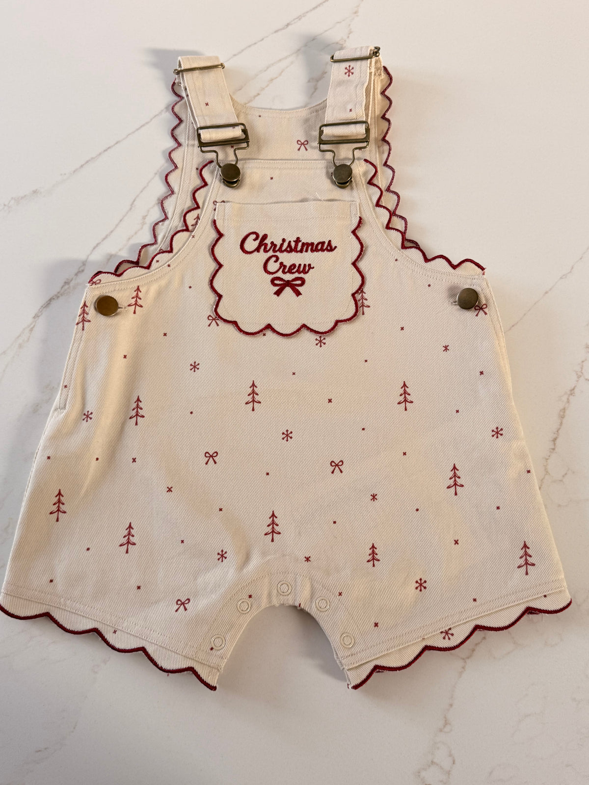 Kids Christmas Crew Embroidered Short Overalls – Cream & Burgundy
