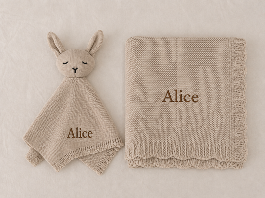 Personalised Organic Cotton Bunny Comforter & Scalloped Blanket Gift Set-Oatmeal