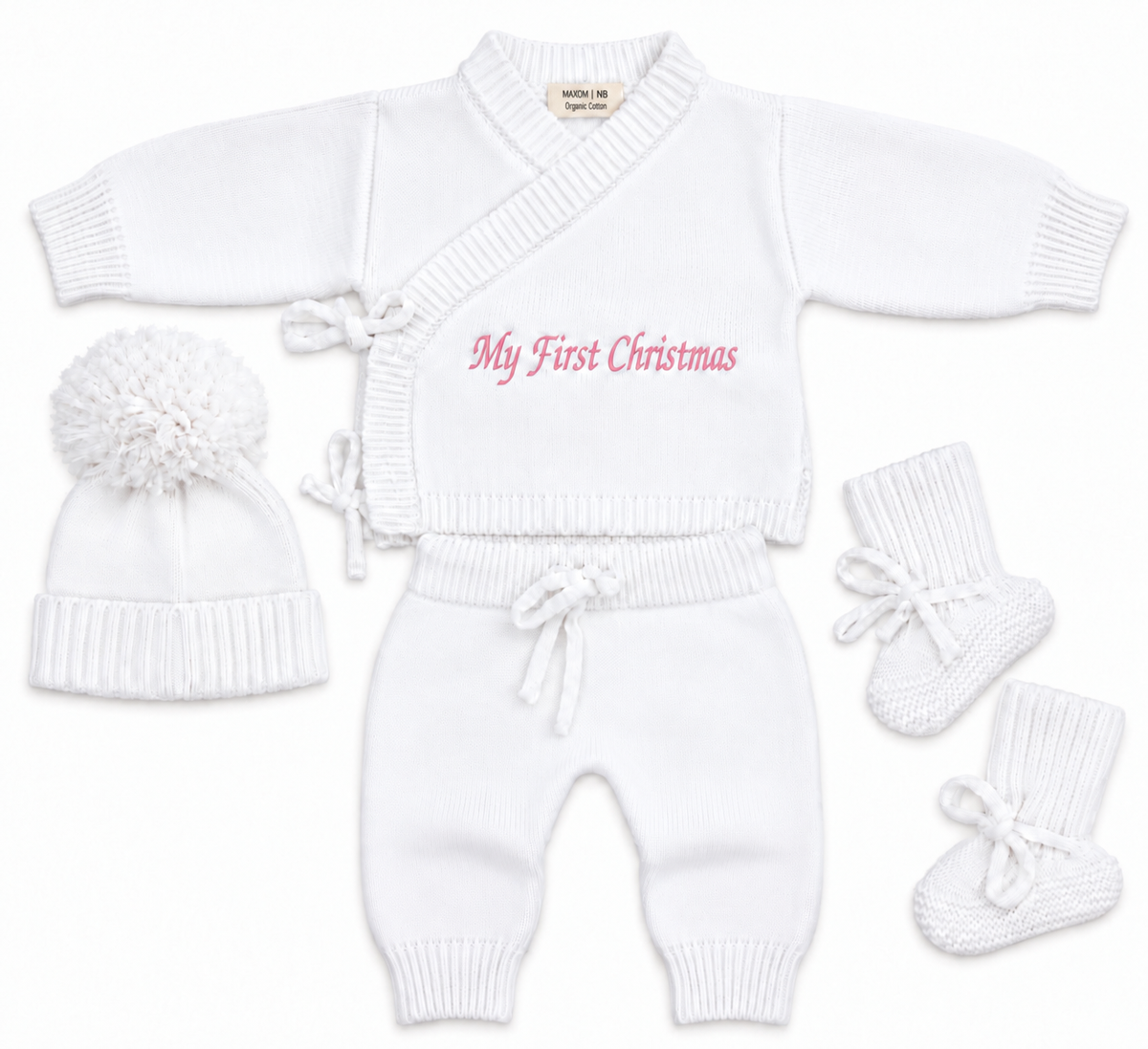 Personalised My First Christmas Knitted Baby Outfit – 4 Piece Set