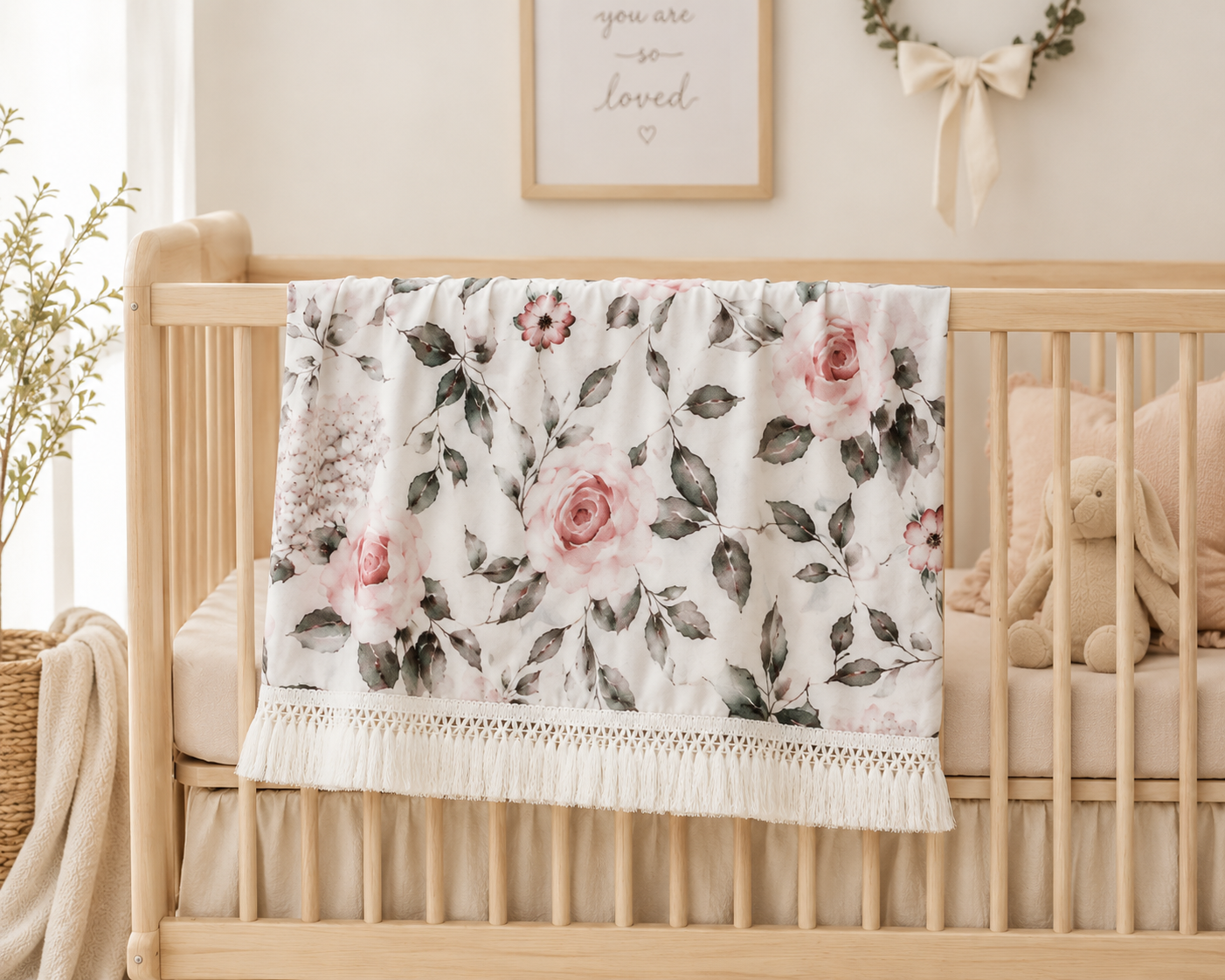 Floral Muslin Baby Blanket with Tassel Fringe