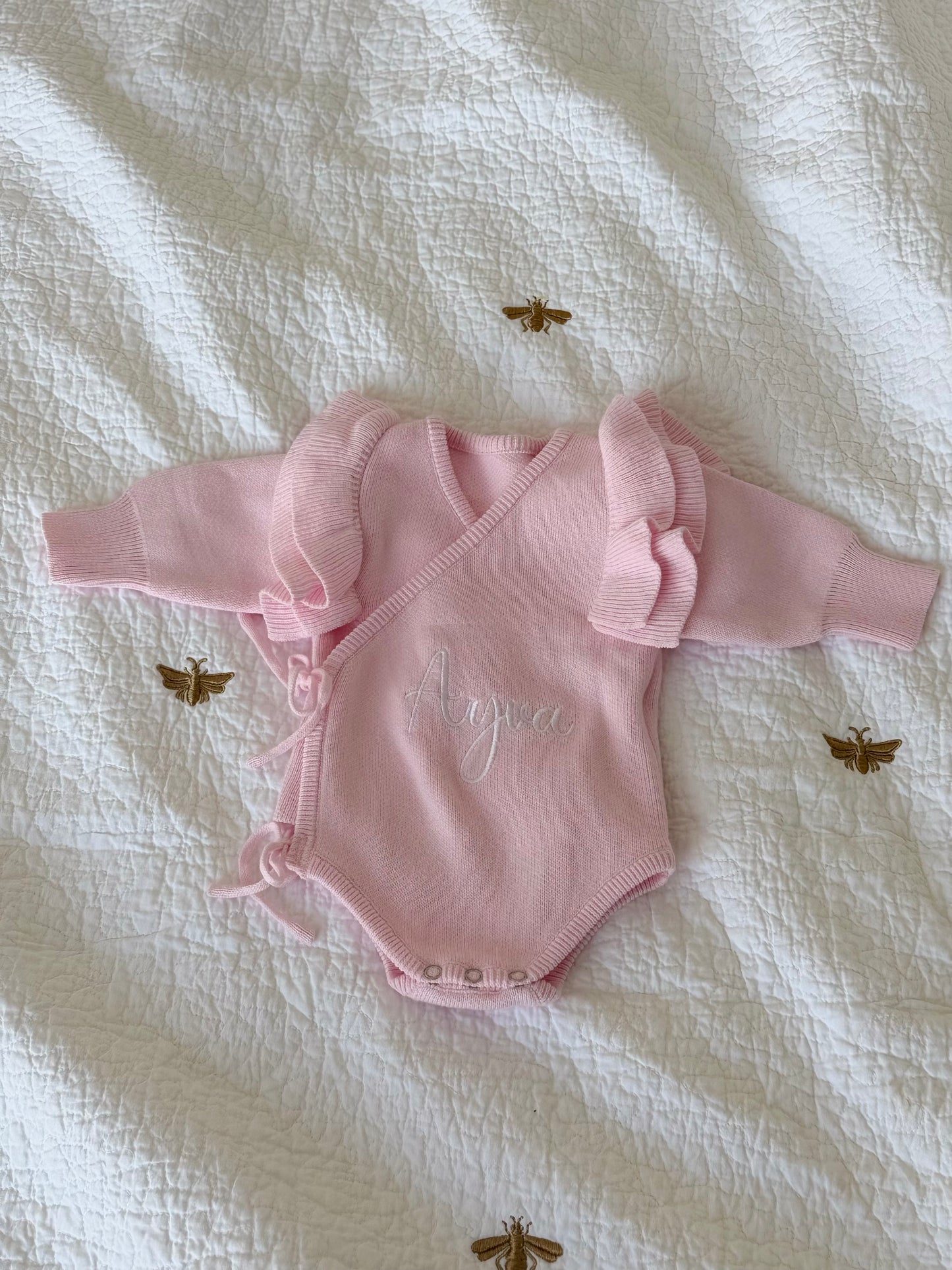 Personalised Knit Newborn Romper – Embroidered Baby Name Outfit