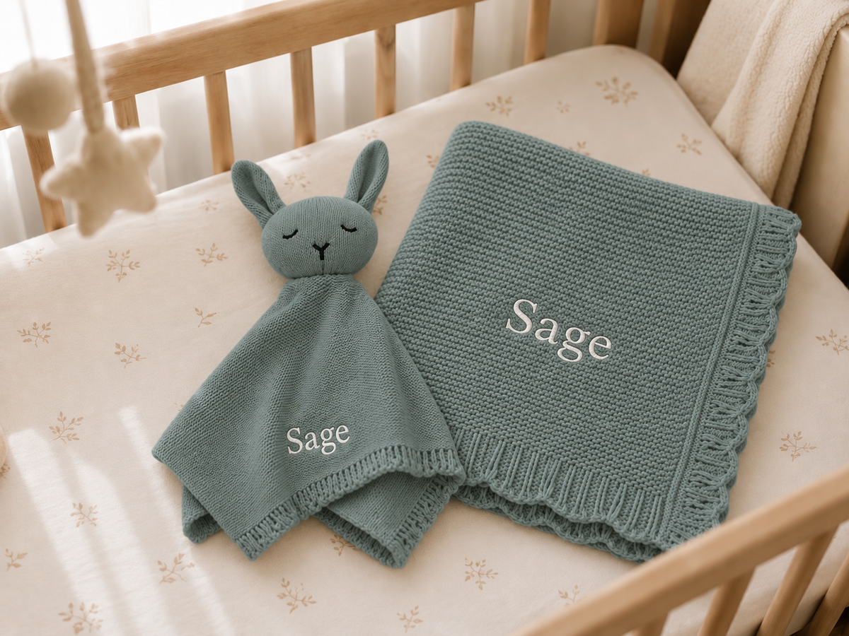 Personalised Organic Cotton Bunny Comforter & Scalloped Blanket Gift Set-Sage