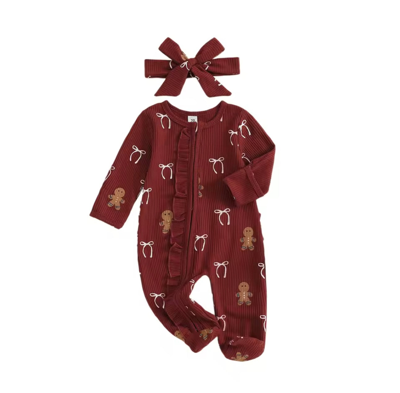Christmas-themed baby romper with zipper front and ruffle detail, perfect for newborns.