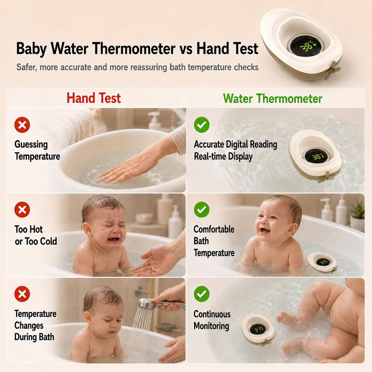 MAXIM Digital Baby Bath Water Thermometer – Floating Temperature Monitor with Colour Alerts | Cream