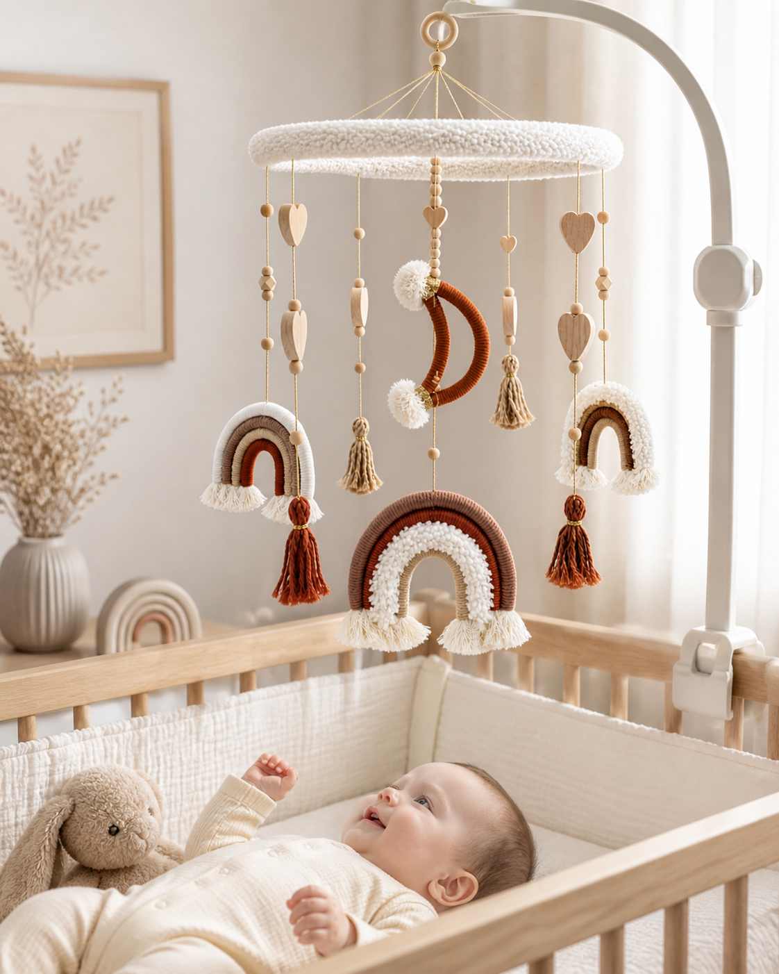     Boho rainbow cot mobile with cream boucle ring, hanging tassels, and neutral nursery decor displayed above a wooden baby crib.