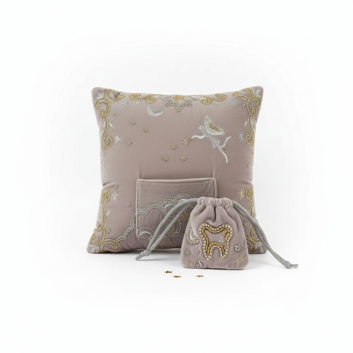 Embroidered Tooth Fairy pillow with pocket and matching tooth pouch for kids