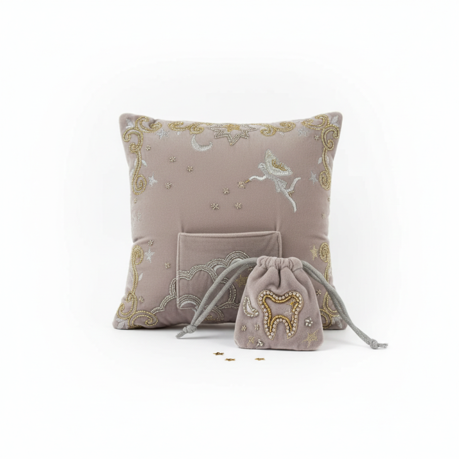 Embroidered Tooth Fairy pillow with pocket and matching tooth pouch for kids