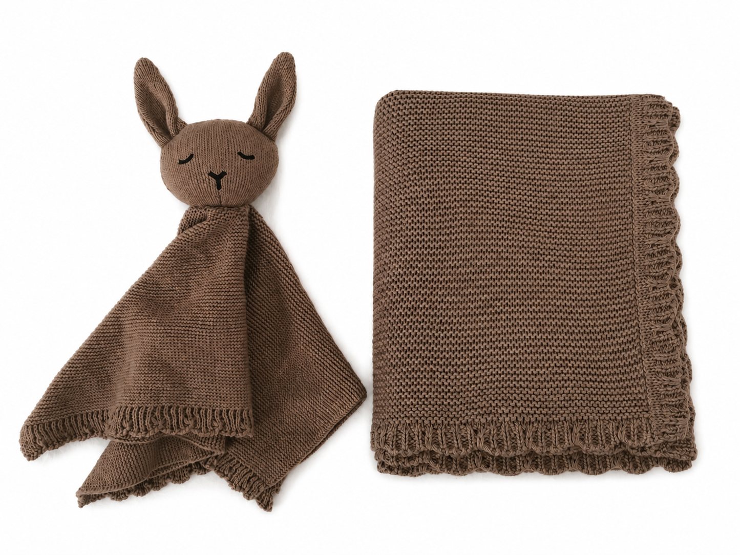 Personalised Organic Cotton Bunny Comforter & Scalloped Blanket Gift Set-Mocha