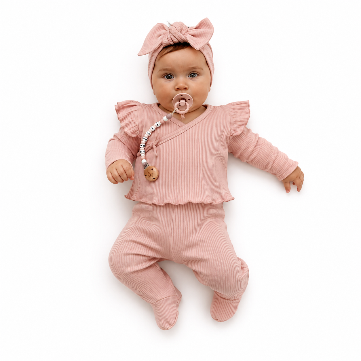 Organic Cotton Ribbed Wrap Top & Footed Leggings Set with Bow Headband