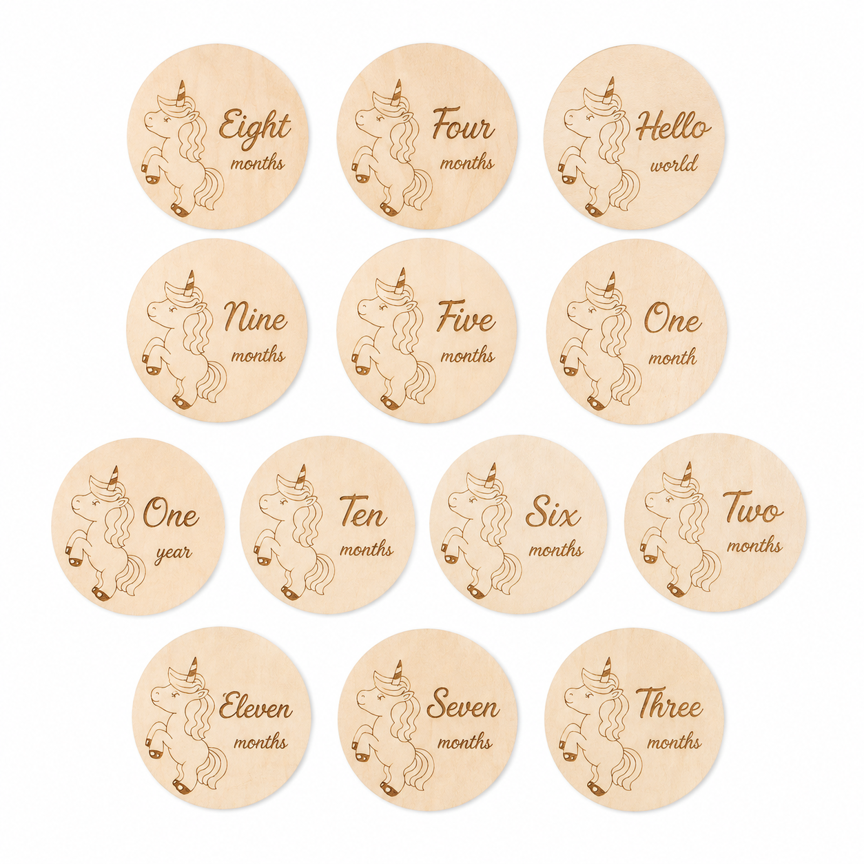 Wooden Baby Milestone Discs – Unicorn Monthly Milestone Cards, Newborn to 1 Year