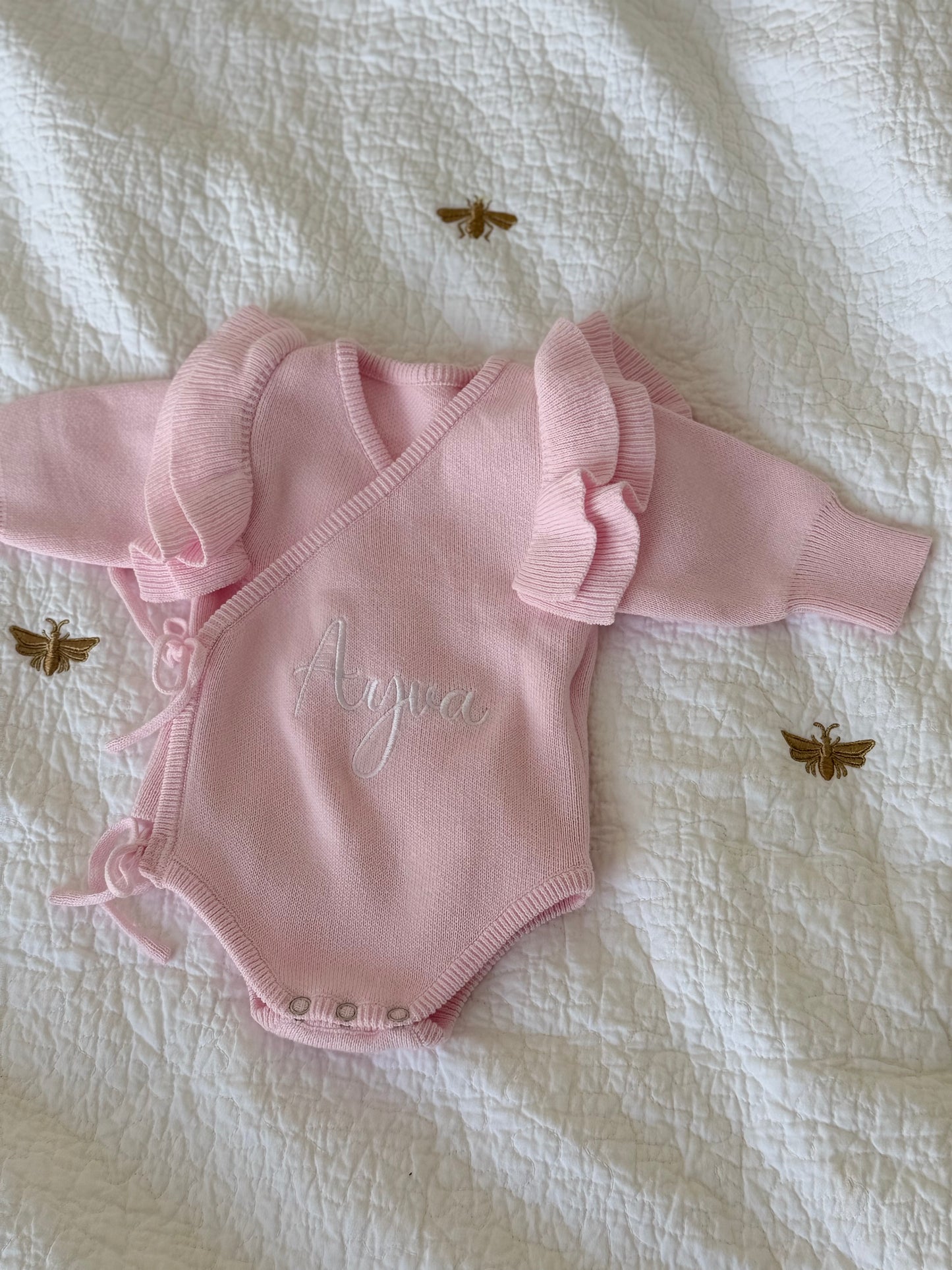 Personalised Knit Newborn Romper – Embroidered Baby Name Outfit