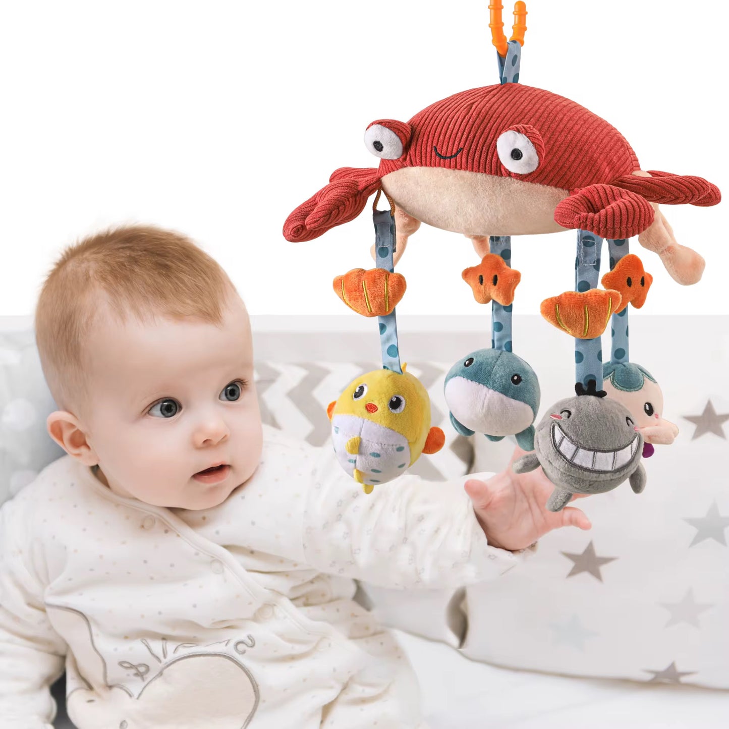 Montessori Crab Baby Crib Mobile Toy with Hanging Sea Animals & Sensory Mirror