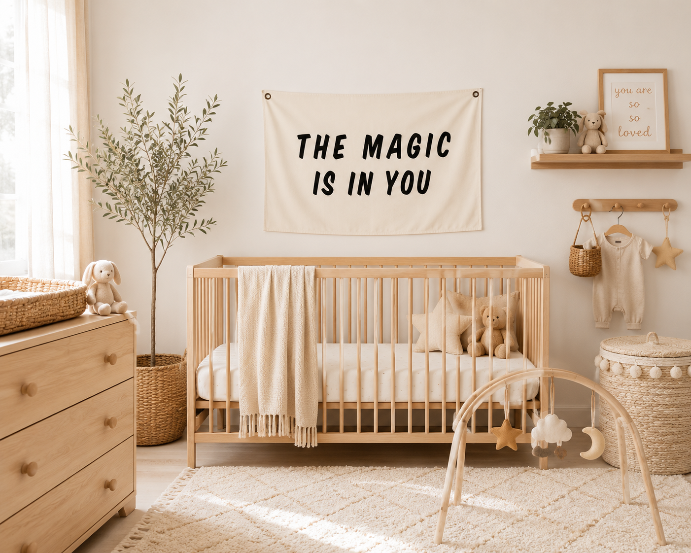     Neutral boho fabric wall hanging for baby room