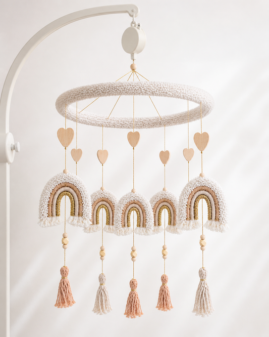     Neutral rainbow baby mobile with ivory boucle ring, wooden hearts, tassels, and soft boho nursery decor hanging on white background.
