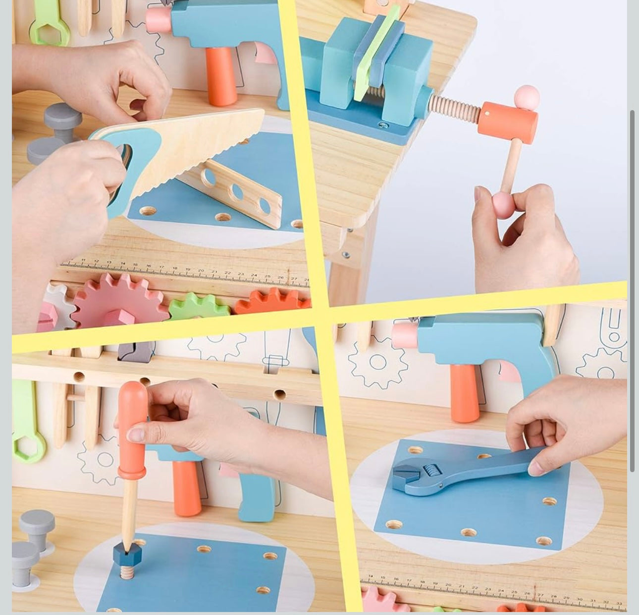 Educational children’s tool bench set with wooden hammer, saw, wrench, and gears