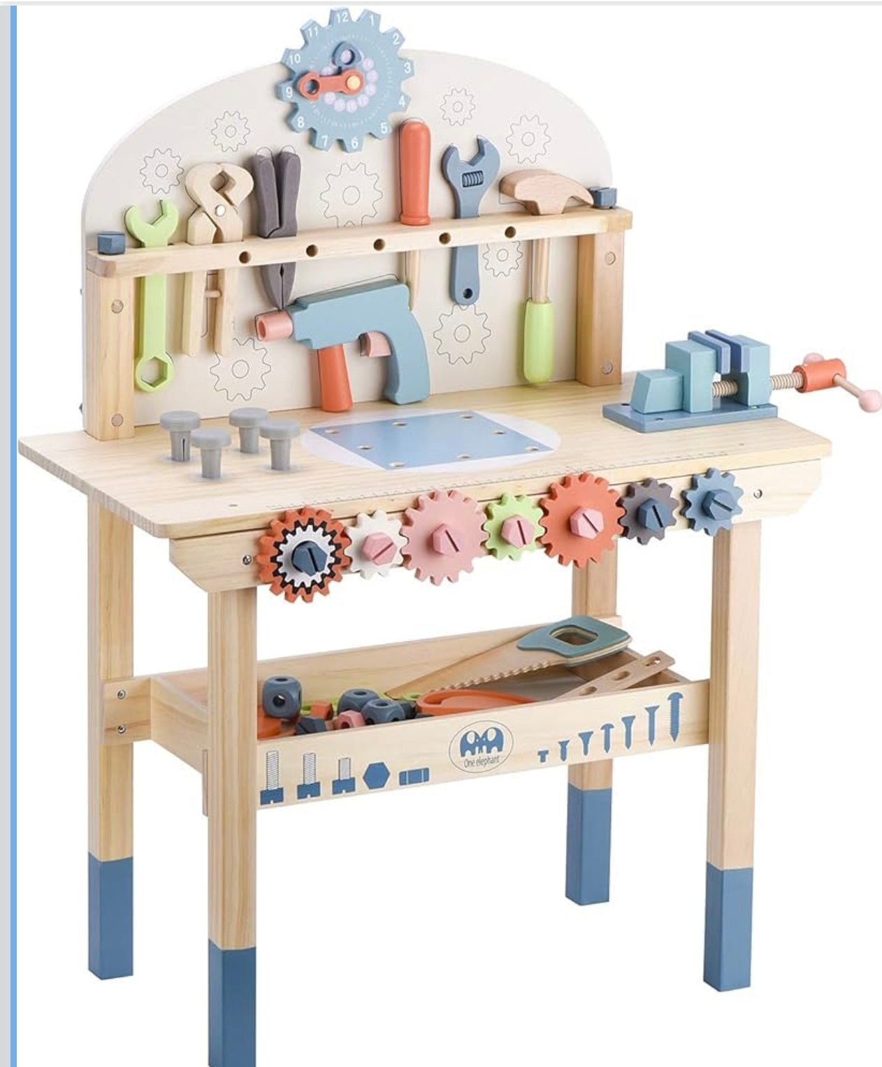 Montessori style wooden play workbench with pretend tools and interactive gears