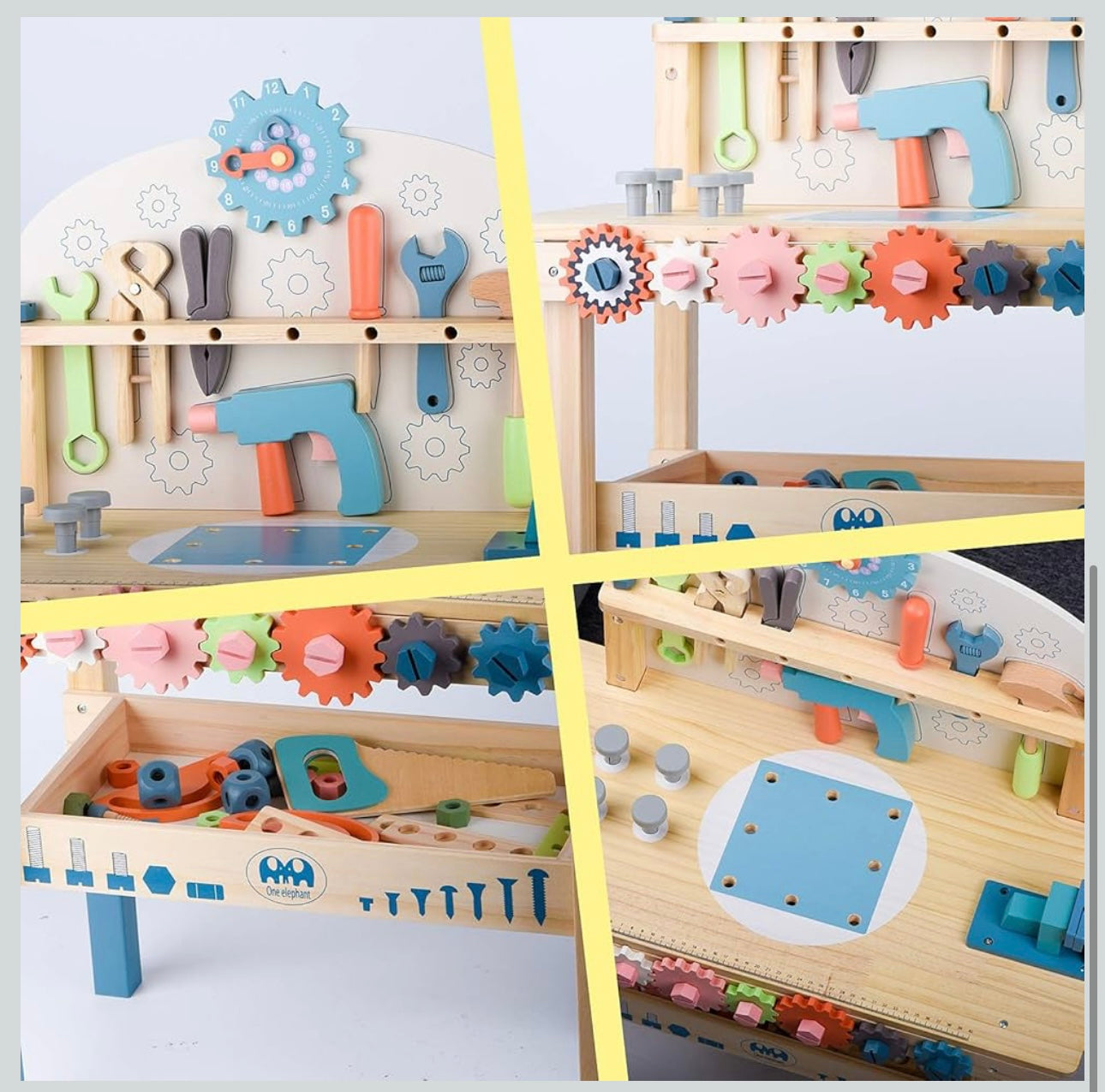 Educational children’s tool bench set with wooden hammer, saw, wrench, and gears