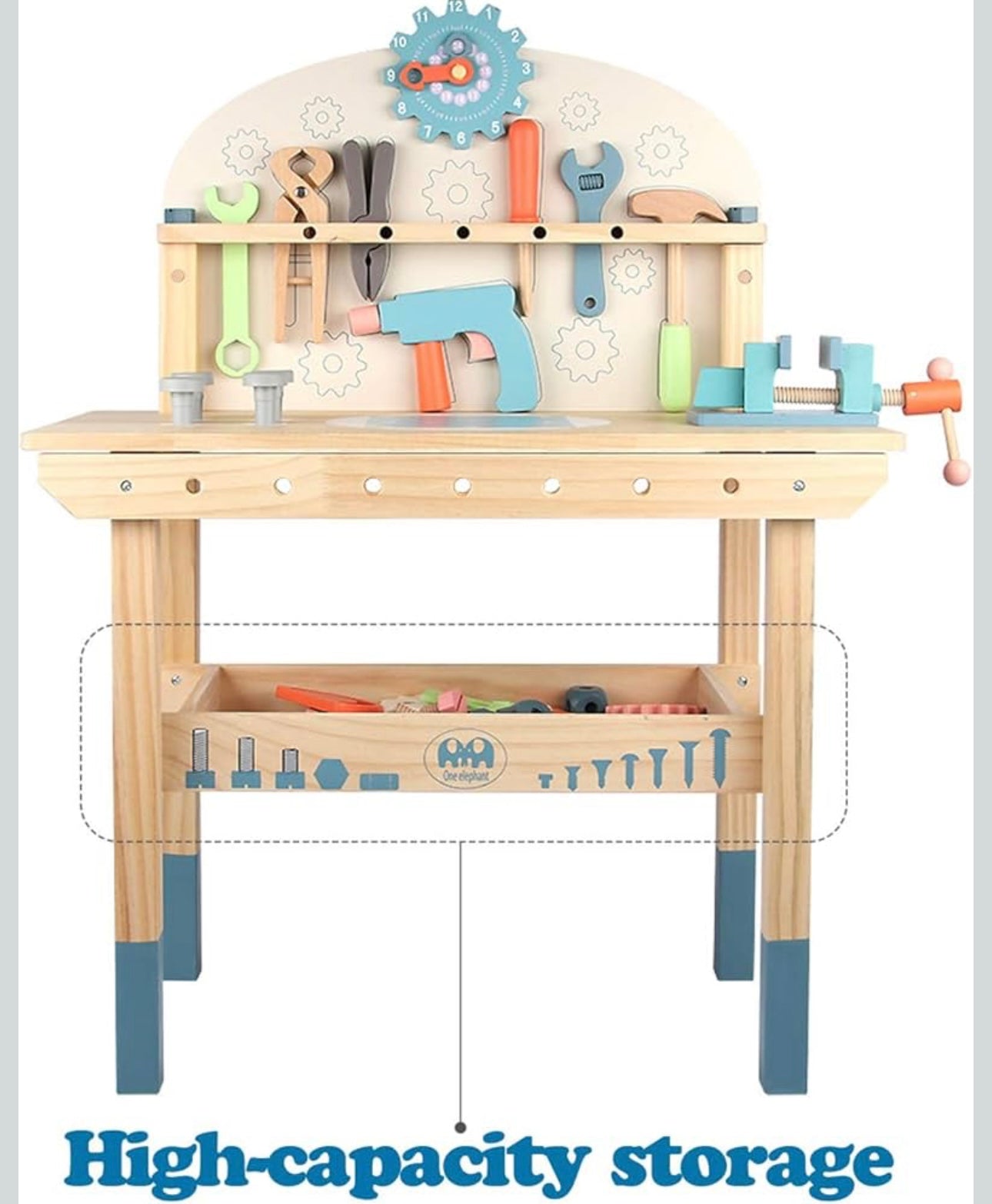 Wooden toy workbench with colorful tools, gears, and a pretend drill for kids